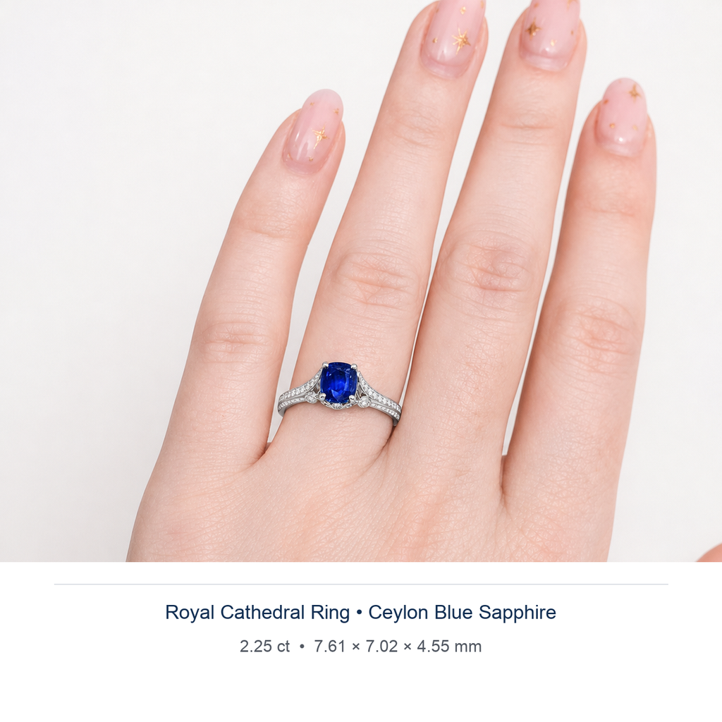 Royal Blue sapphire 2.25ct — Royal Cathedral design visualisation worn on hand (not a photograph of the stone), Ministry of Gems