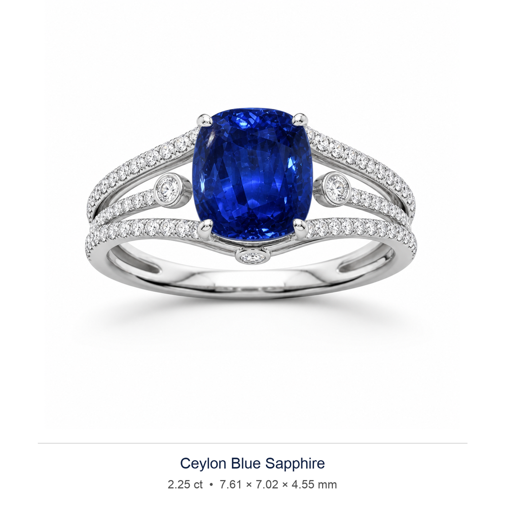 Royal Blue sapphire 2.25ct — Split-Shank Halo design visualisation (not a photograph of the stone), Ministry of Gems