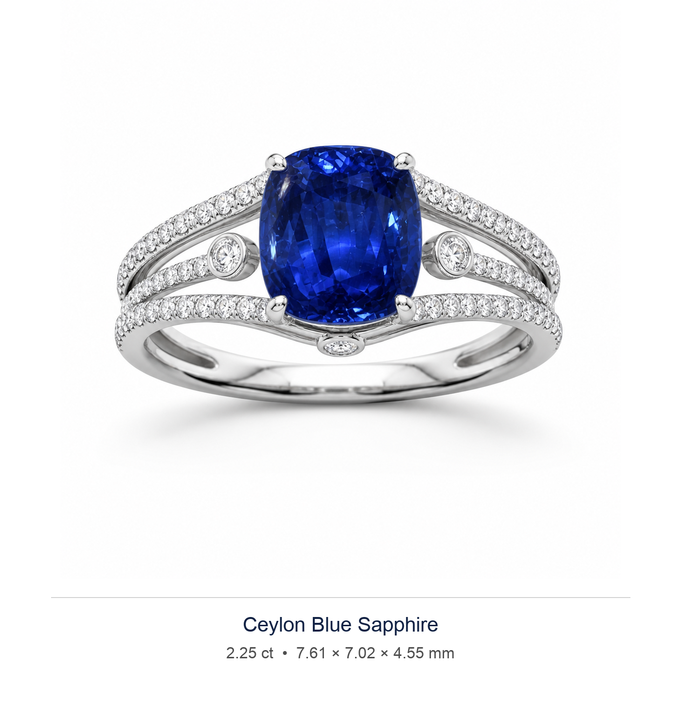 Royal Blue sapphire 2.25ct — Split-Shank Halo design visualisation (not a photograph of the stone), Ministry of Gems