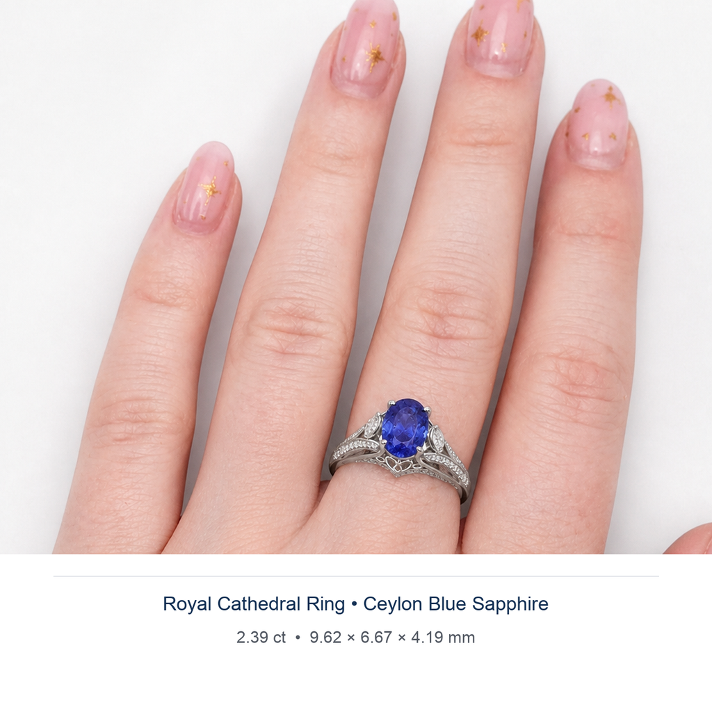 Violet Blue sapphire 2.39ct — Royal Cathedral design visualisation worn on hand (not a photograph of the stone), Ministry of Gems