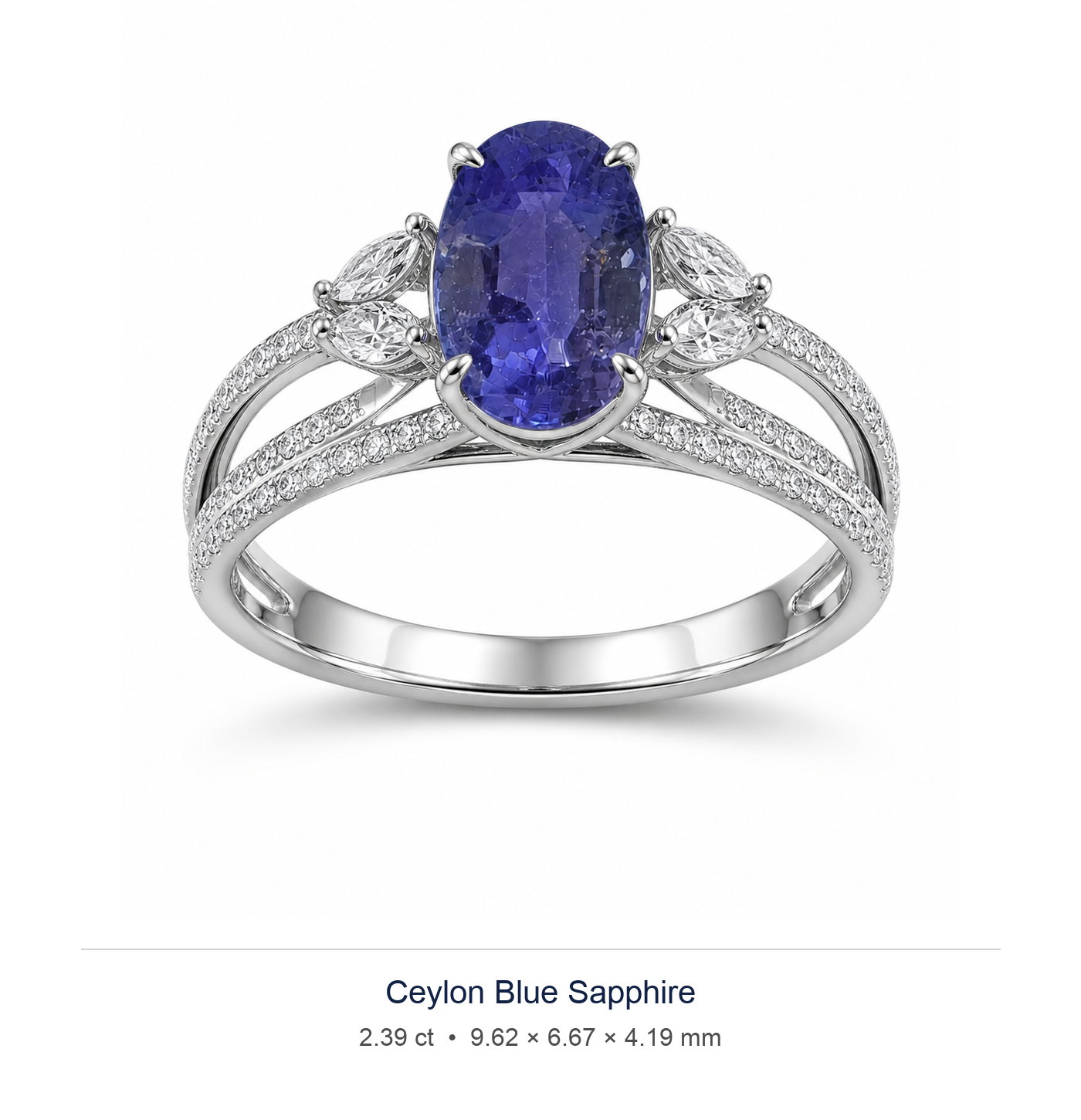 Violet Blue sapphire 2.39ct — Split-Shank Halo design visualisation (not a photograph of the stone), Ministry of Gems