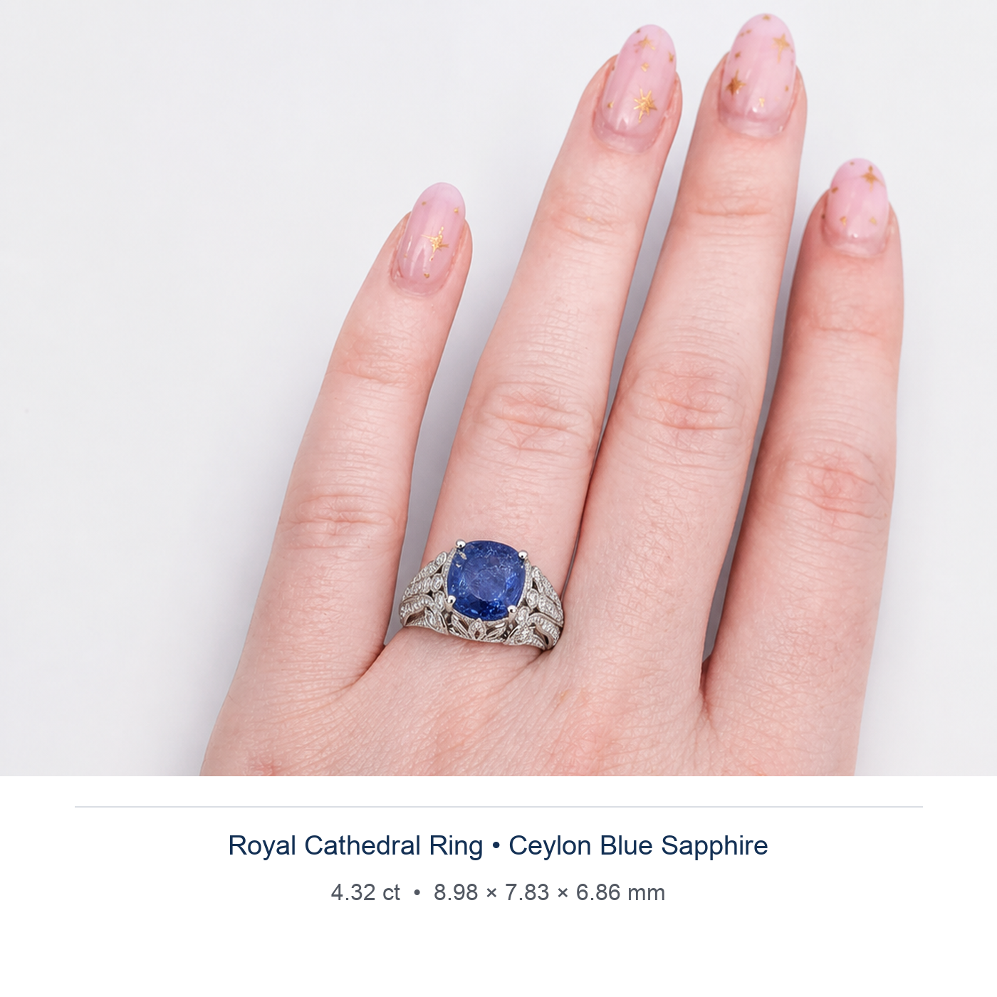 Cornflower Blue sapphire 4.32ct — Royal Cathedral design visualisation worn on hand (not a photograph of the stone), Ministry of Gems