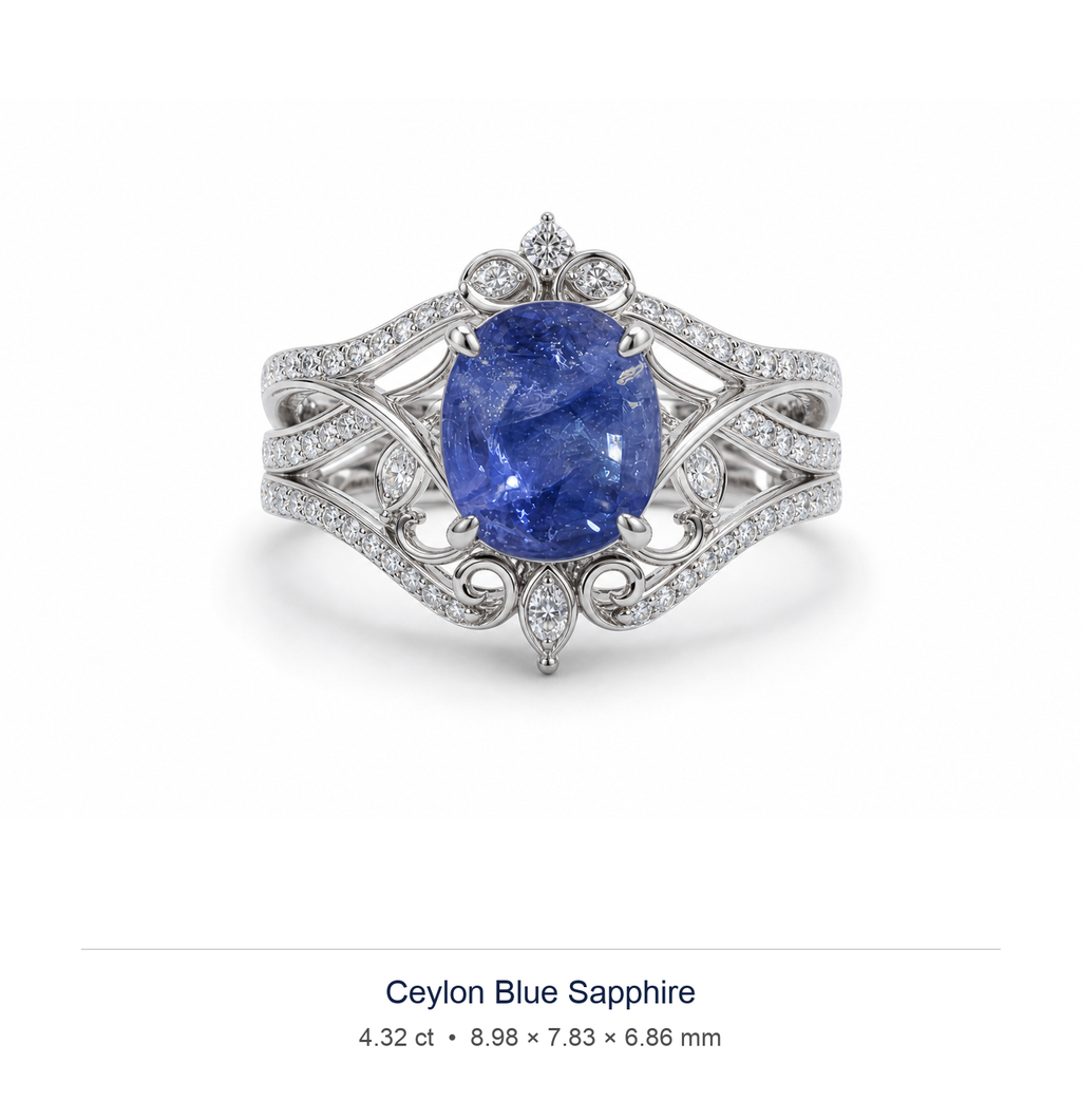 Cornflower Blue sapphire 4.32ct — Split-Shank Halo design visualisation (not a photograph of the stone), Ministry of Gems