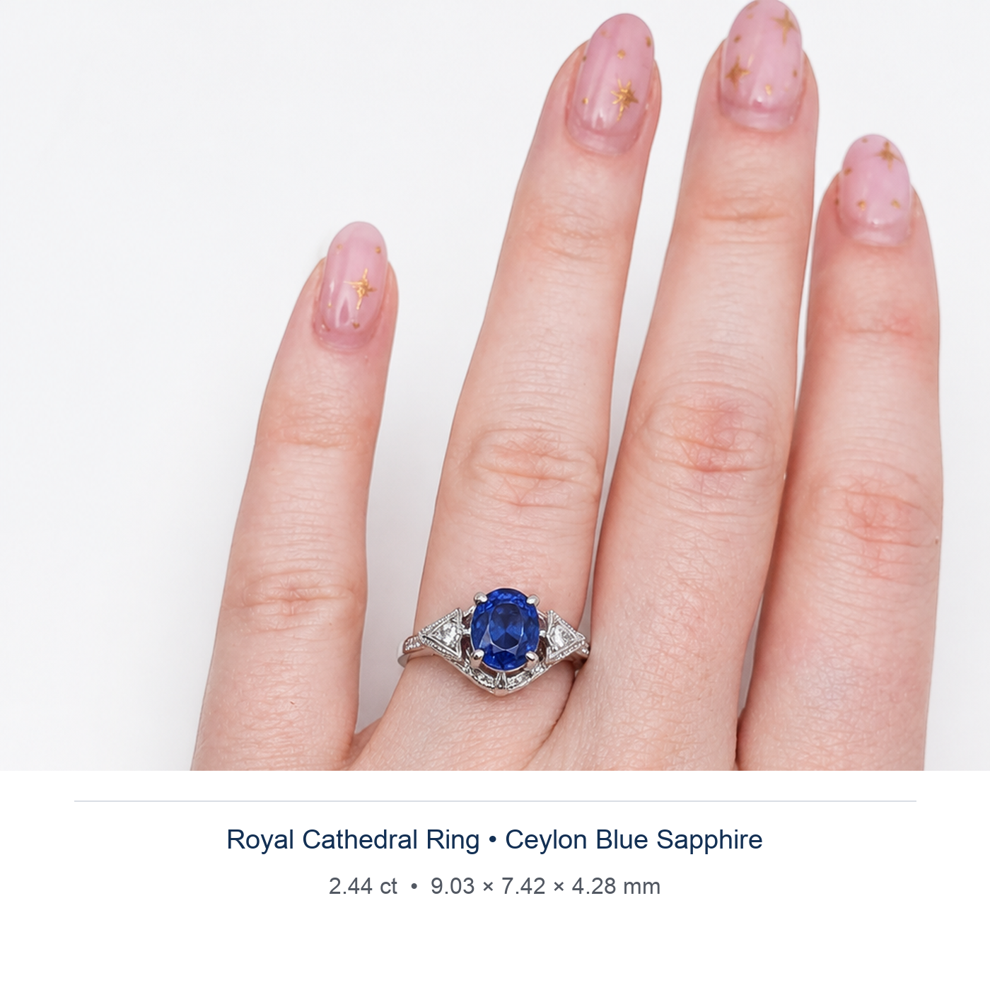 Cornflower Blue sapphire 2.44ct — Royal Cathedral design visualisation worn on hand (not a photograph of the stone), Ministry of Gems