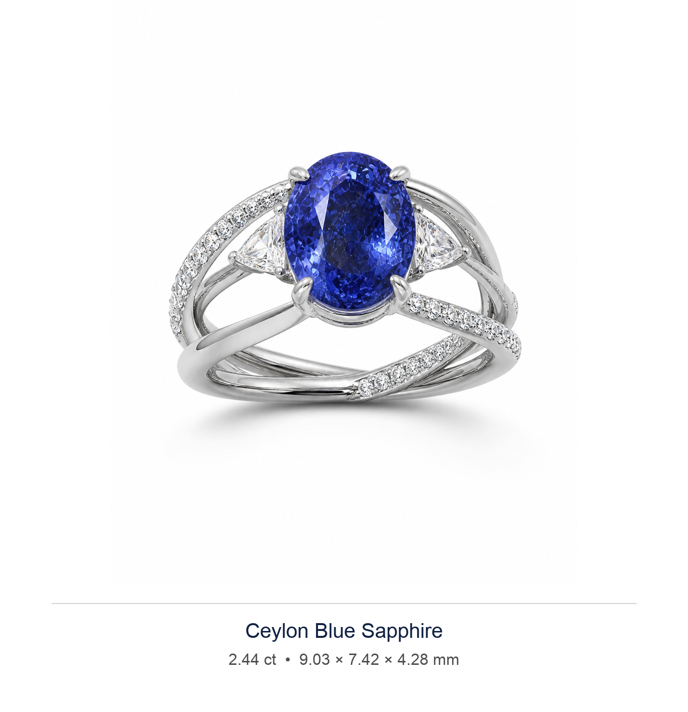 Cornflower Blue sapphire 2.44ct — Split-Shank Halo design visualisation (not a photograph of the stone), Ministry of Gems