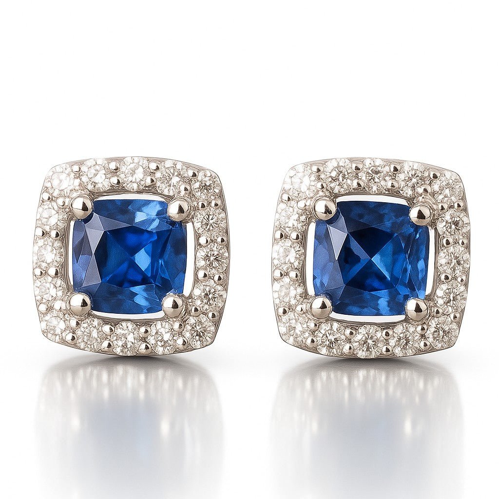 Cushion Blue Sapphire Diamond Halo Studs - Ministry of Gems®EarringsMinistry of Gems®