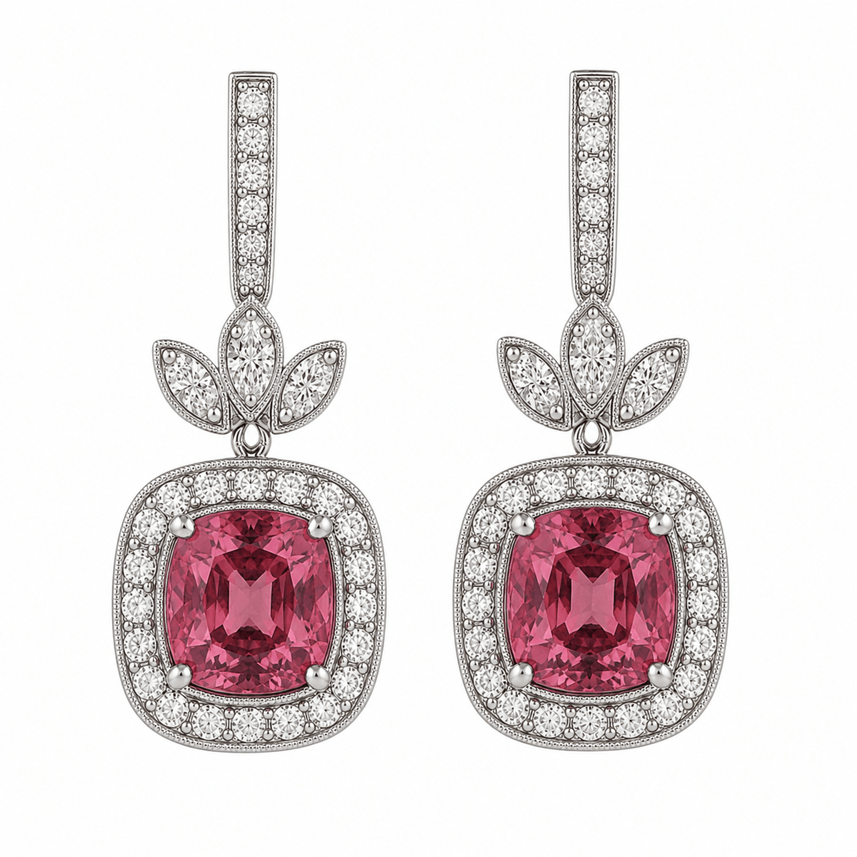 Cushion Pink Tourmaline Diamond Halo Drop Earrings - Ministry of Gems®EarringsMinistry of Gems®