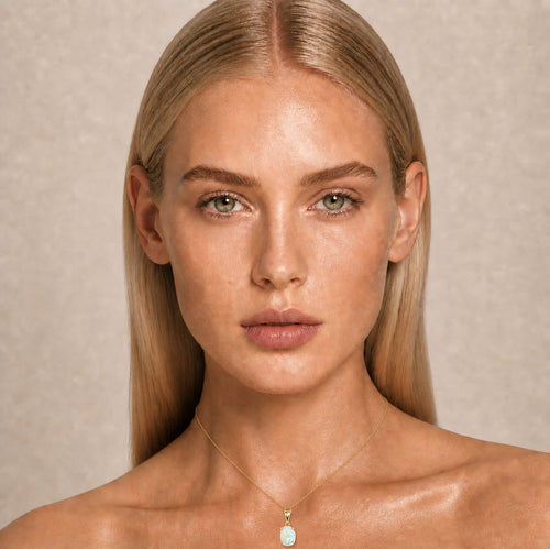 14K Gold australian opal pendant worn — styling reference, Ministry of Gems Australian Opal Collection