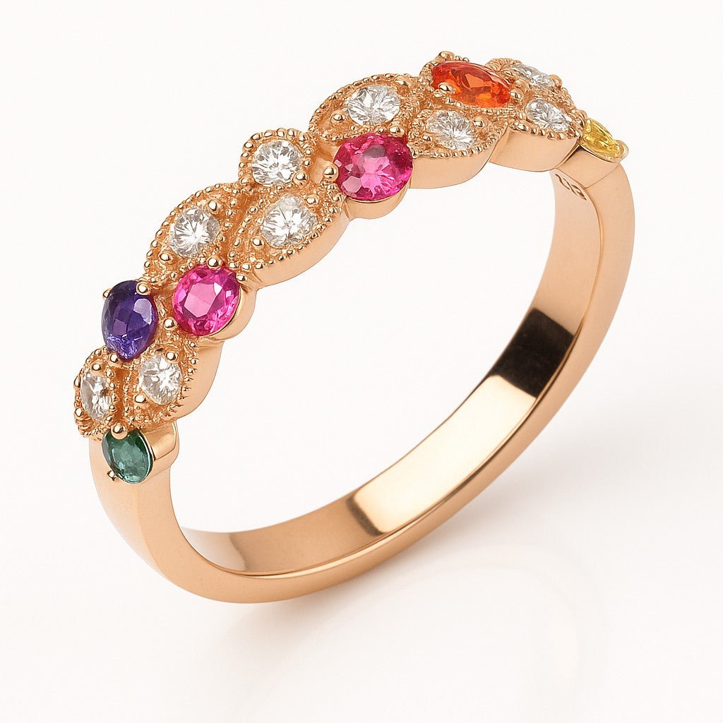Marquise-Framed Rainbow Sapphire Diamond Milgrain Band - Ministry of Gems®RingMinistry of Gems®
