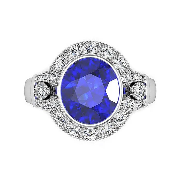 Oval Blue Gemstone Bezel Halo Ring - Ministry of Gems®RingMinistry of Gems®