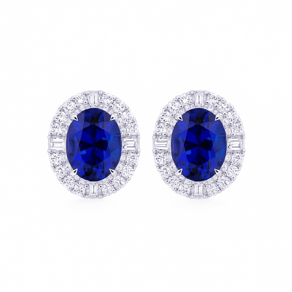 Oval Blue Gemstone Diamond Halo Studs - Ministry of Gems®EarringsMinistry of Gems®