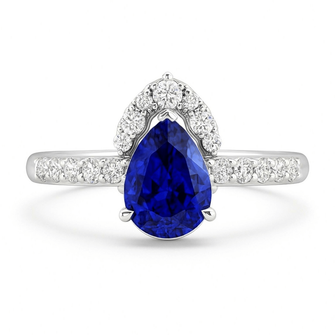 Pear Blue Sapphire Diamond Asymmetric Halo Ring - Ministry of Gems®RingMinistry of Gems®