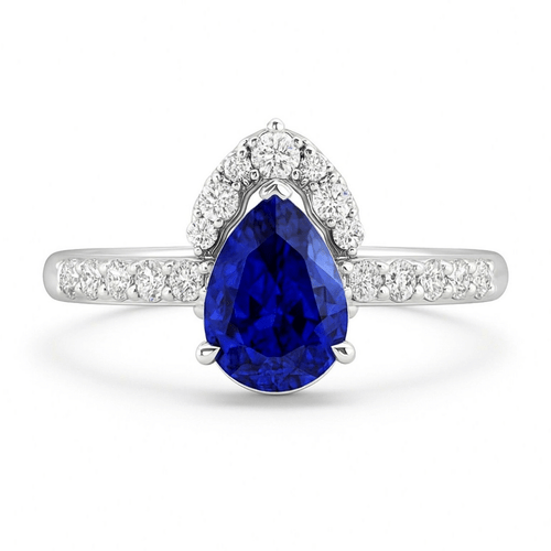 Pear Blue Sapphire Diamond Asymmetric Halo Ring — Ministry of Gems