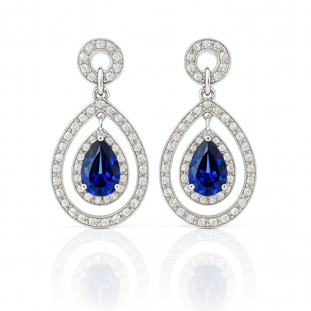Pear Blue Sapphire Diamond Double Halo Drops - Ministry of Gems®EarringsMinistry of Gems®