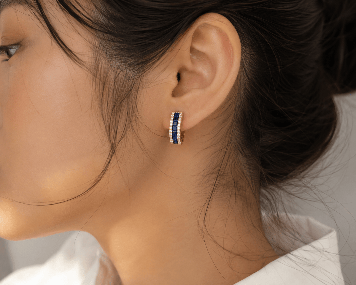 Princess-Cut Blue Sapphire Diamond Huggie Hoops - Ministry of Gems®EarringsMinistry of Gems®