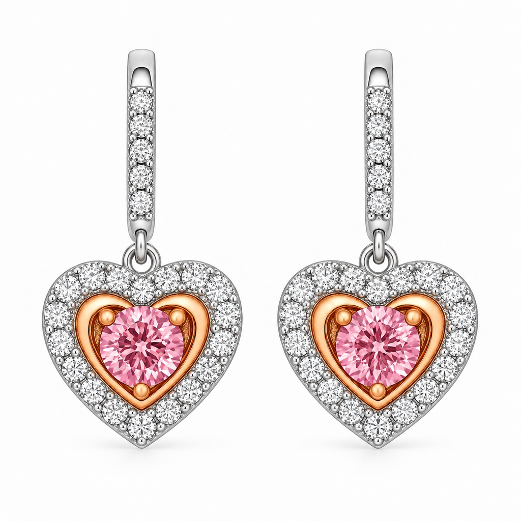 Pink Sapphire Diamond Heart Drop Earrings