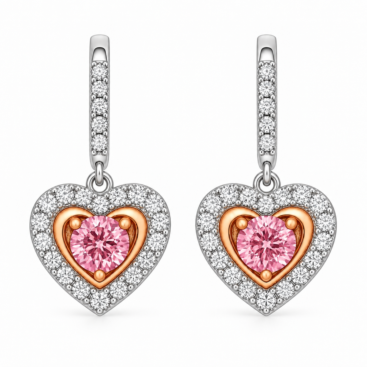 Pink Sapphire Diamond Heart Drop Earrings