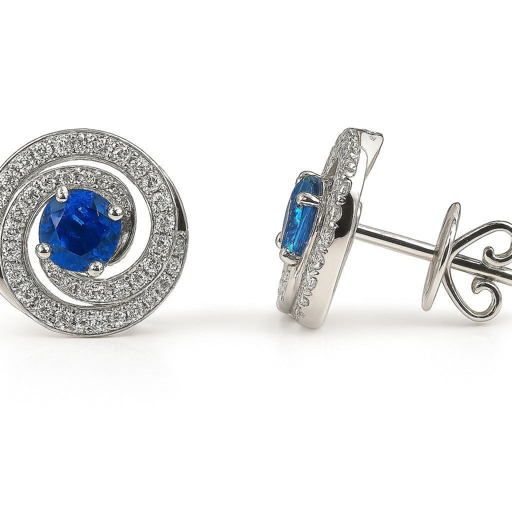 Round Blue Sapphire Diamond Swirl Studs