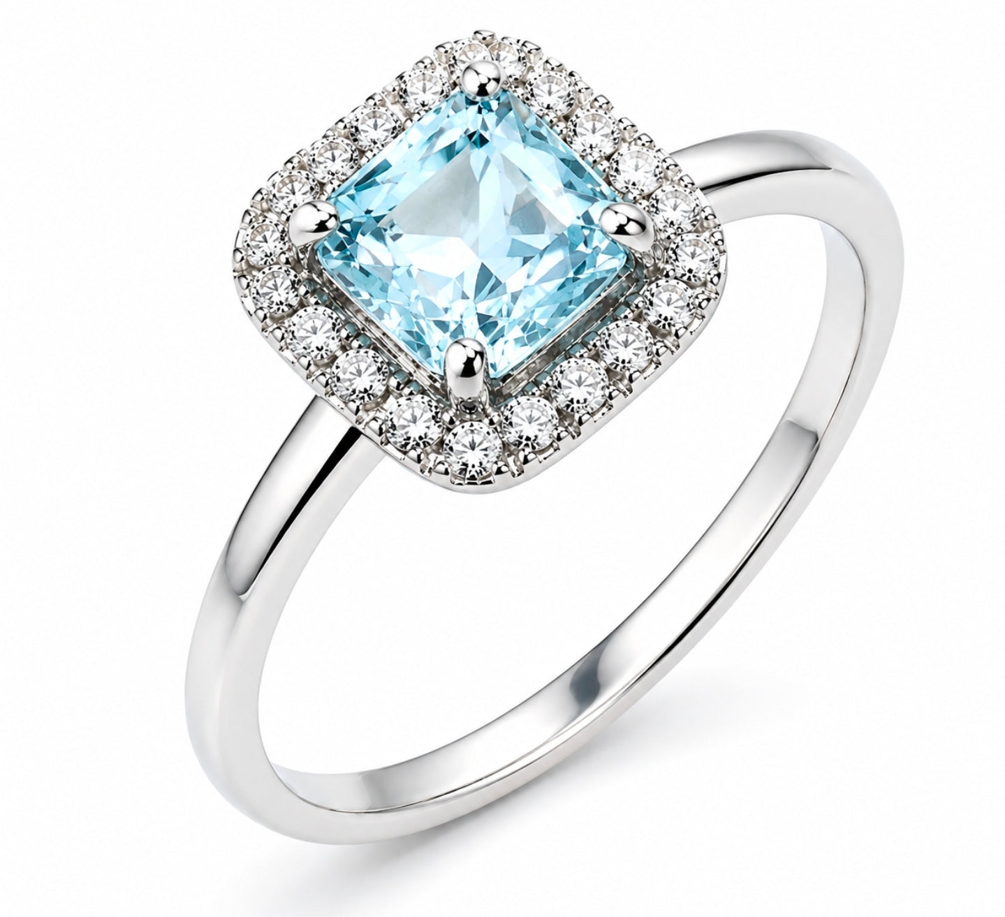 Aquamarine Cushion Halo Ring — Ministry of Gems