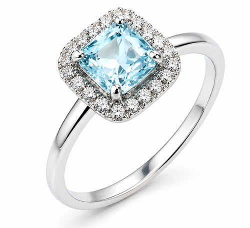 Aquamarine Cushion Halo Ring — Ministry of Gems