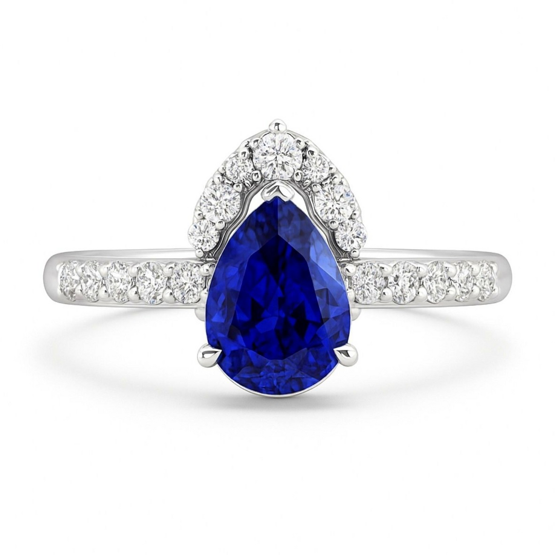 Pear Blue Sapphire Diamond Asymmetric Halo Ring