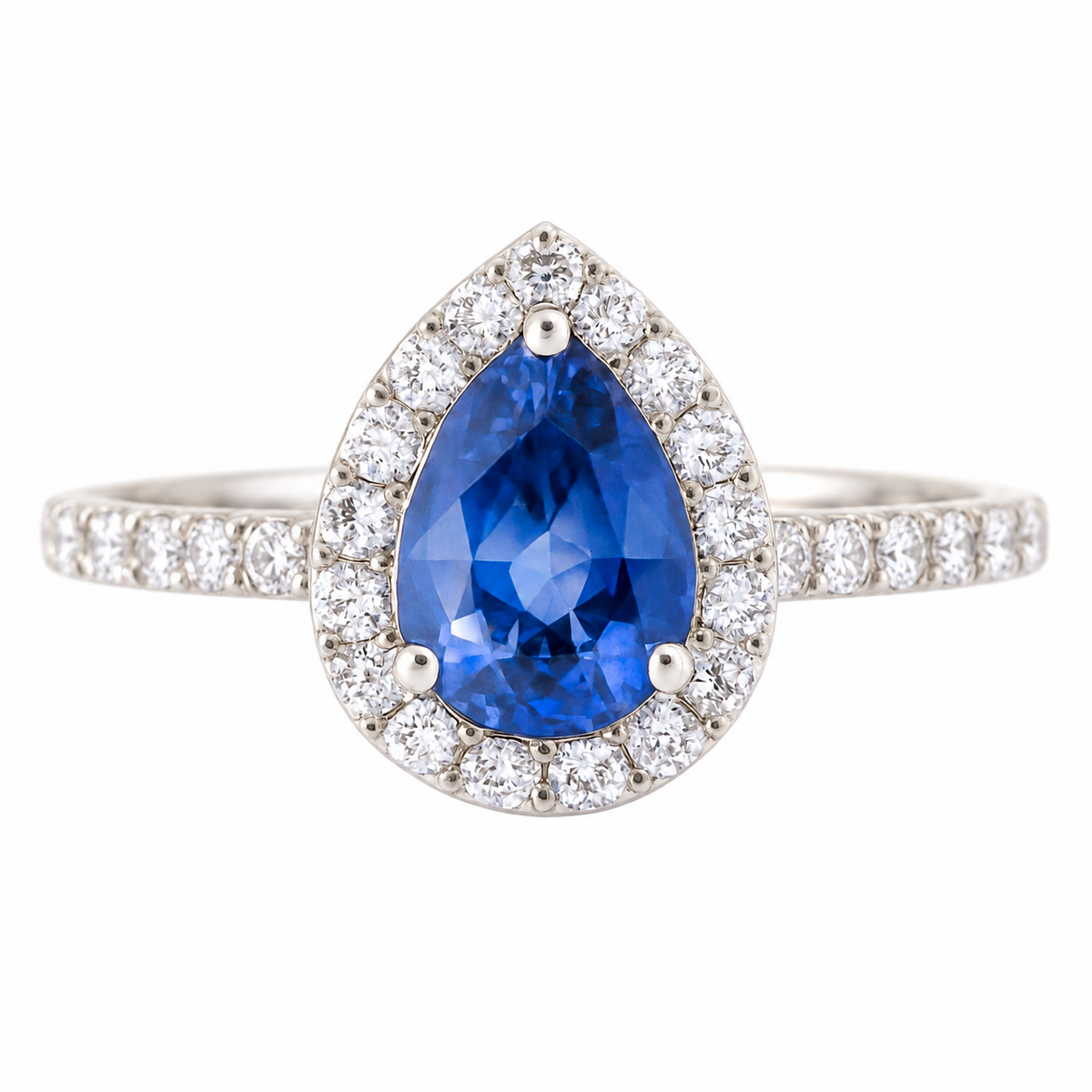 Pear Blue Sapphire Diamond Halo Ring