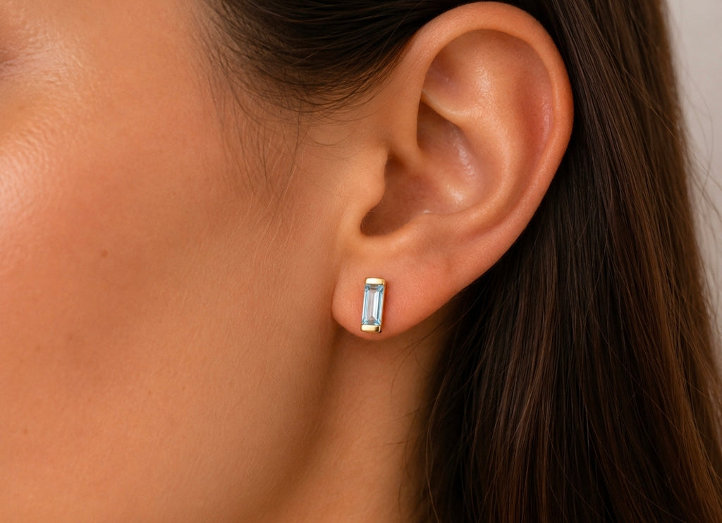 Aquamarine Baguette Bar Studs — Ministry of Gems