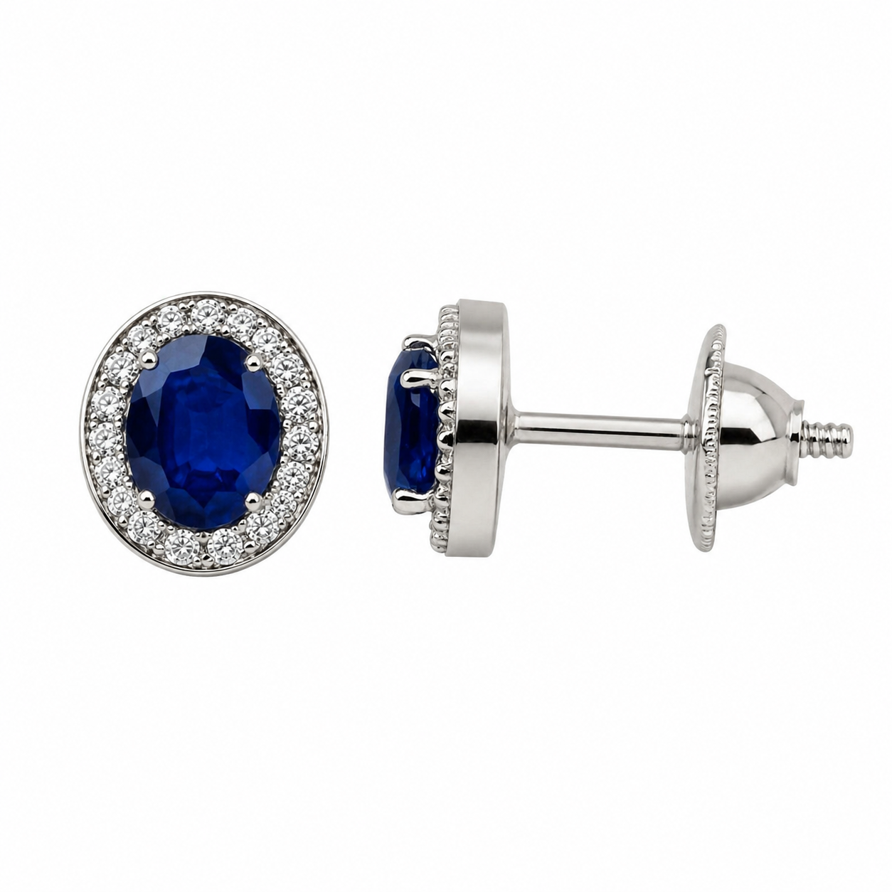 Oval Blue Sapphire Halo Studs — Ministry of Gems