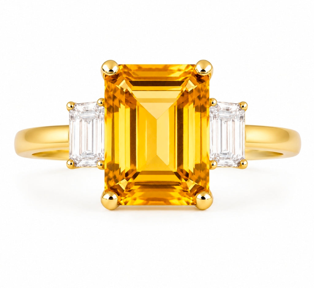 Citrine Emerald-Cut Trilogy Ring — Ministry of Gems