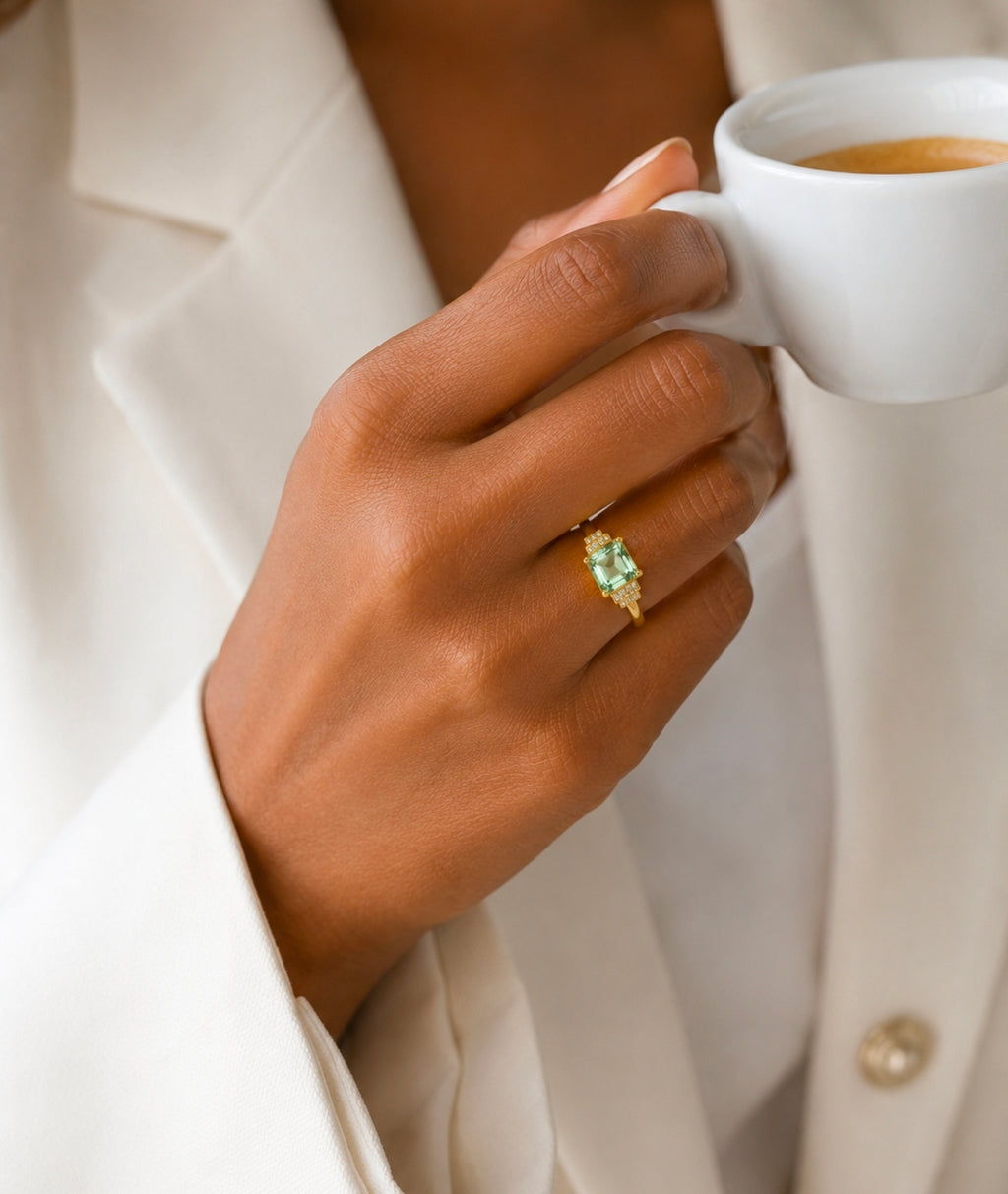 Princess Green Amethyst Deco Ring, Yellow Gold — Ministry of Gems
