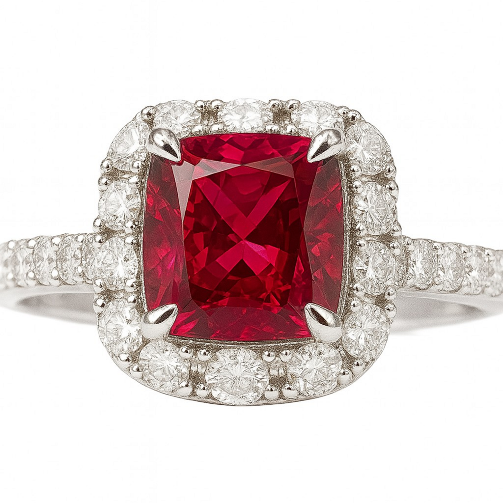 Cushion Ruby Diamond Halo Ring