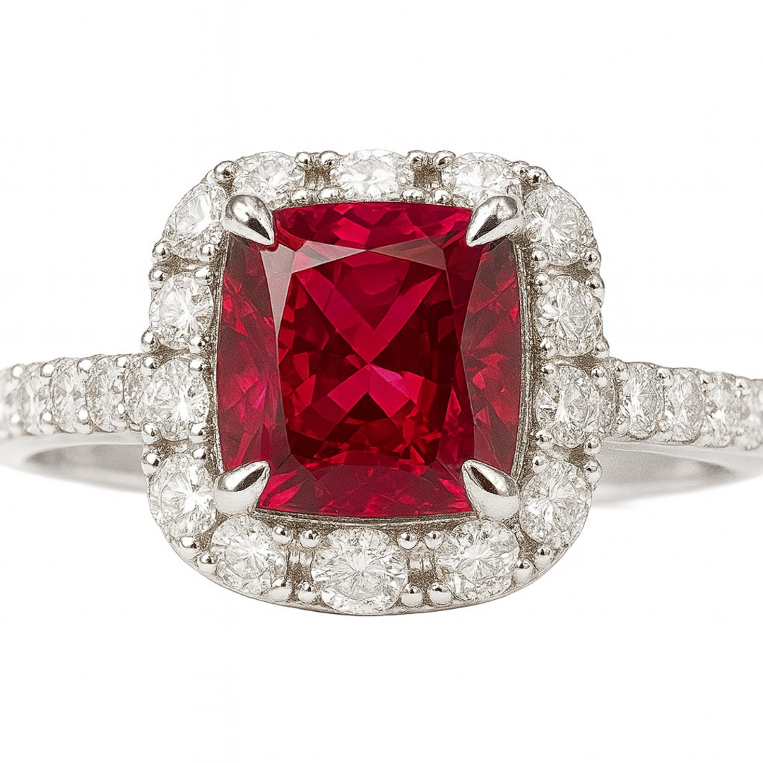 Cushion Ruby Diamond Halo Ring