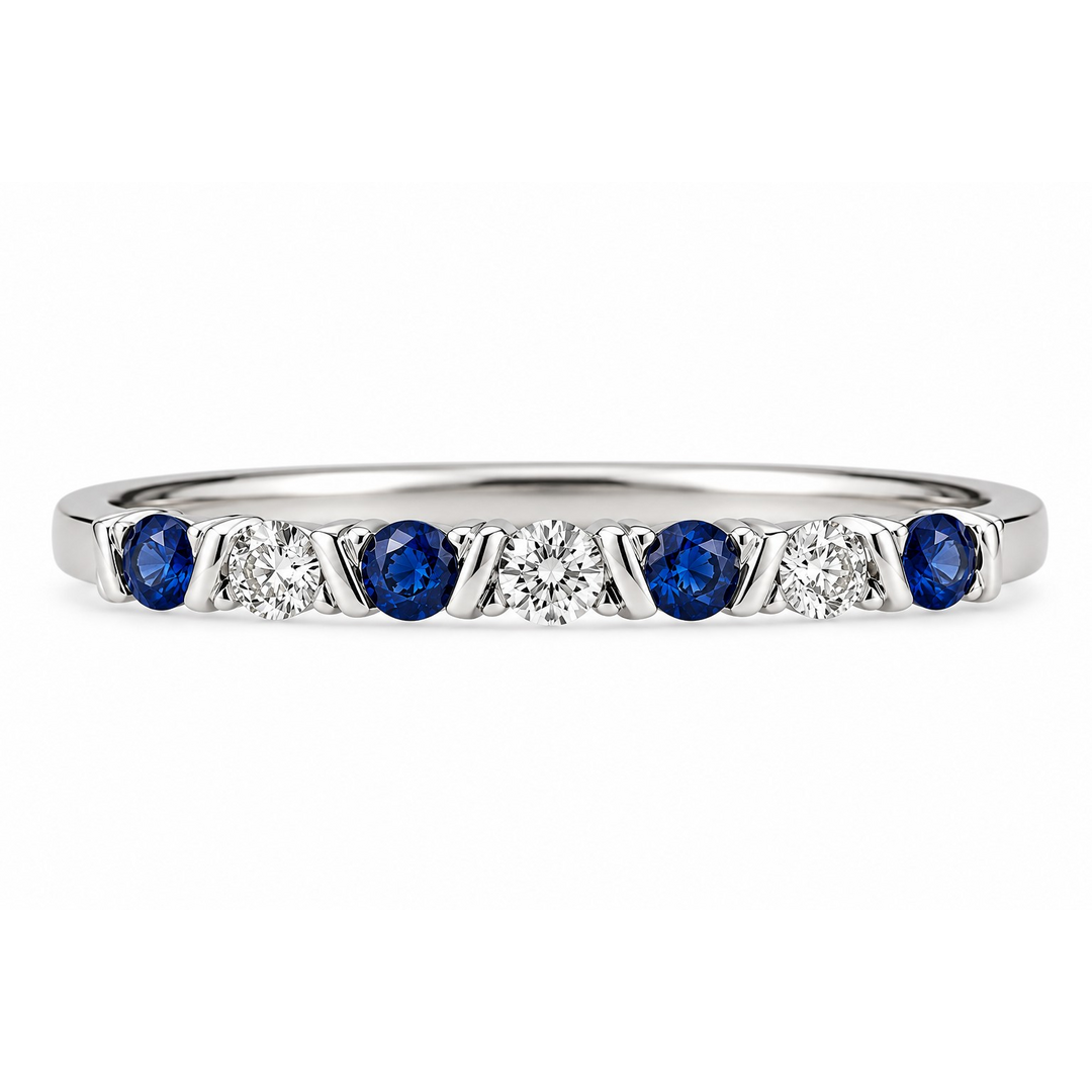 Blue Sapphire Diamond Milgrain Station Band