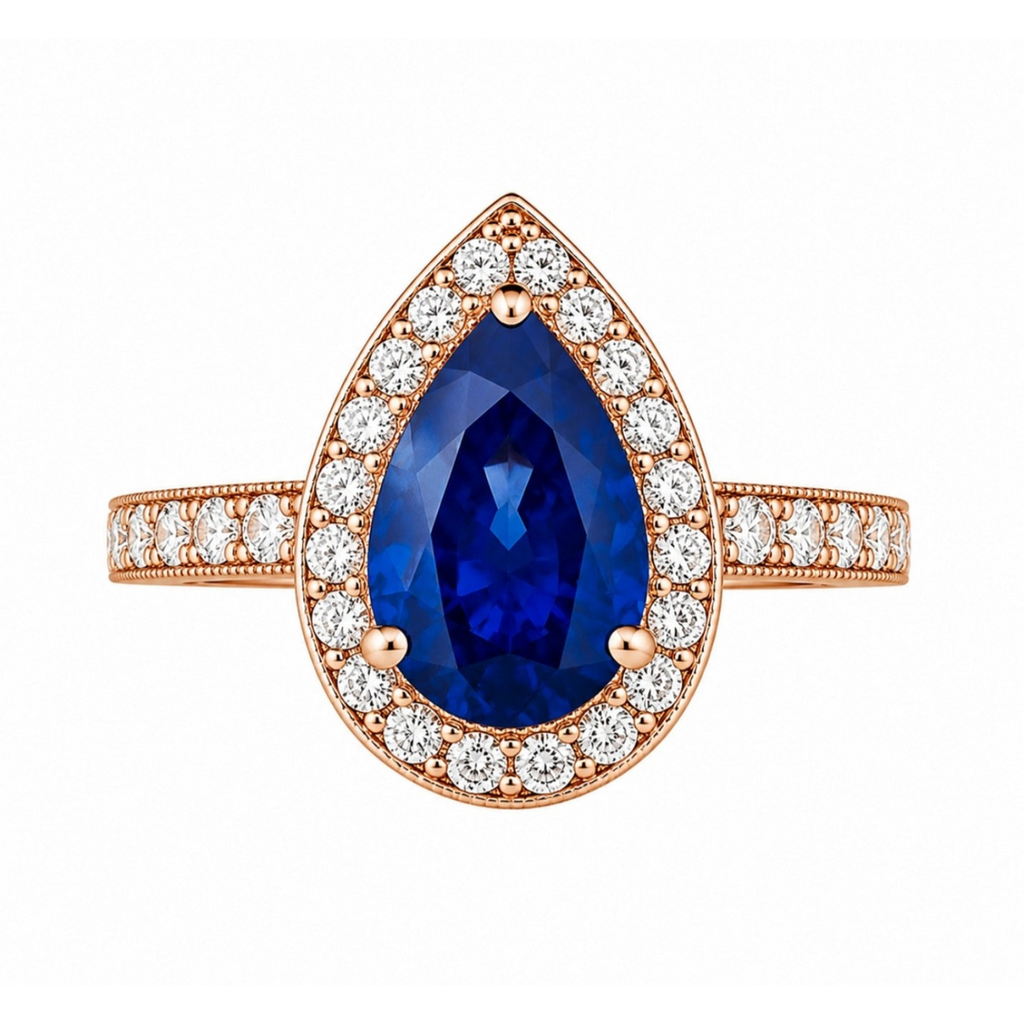 Pear Blue Sapphire Diamond Halo Ring