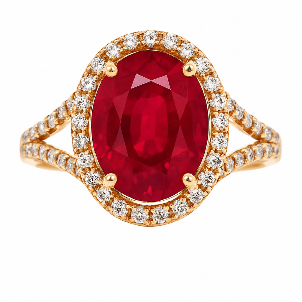 Oval Ruby Diamond Halo Split-Shank Ring