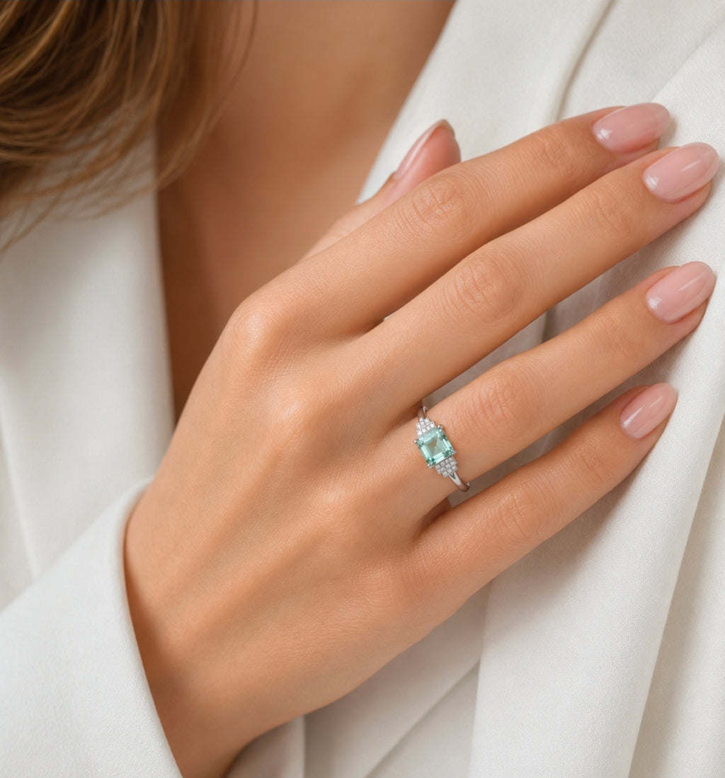 Princess Green Amethyst Deco Ring, White Gold — Ministry of Gems