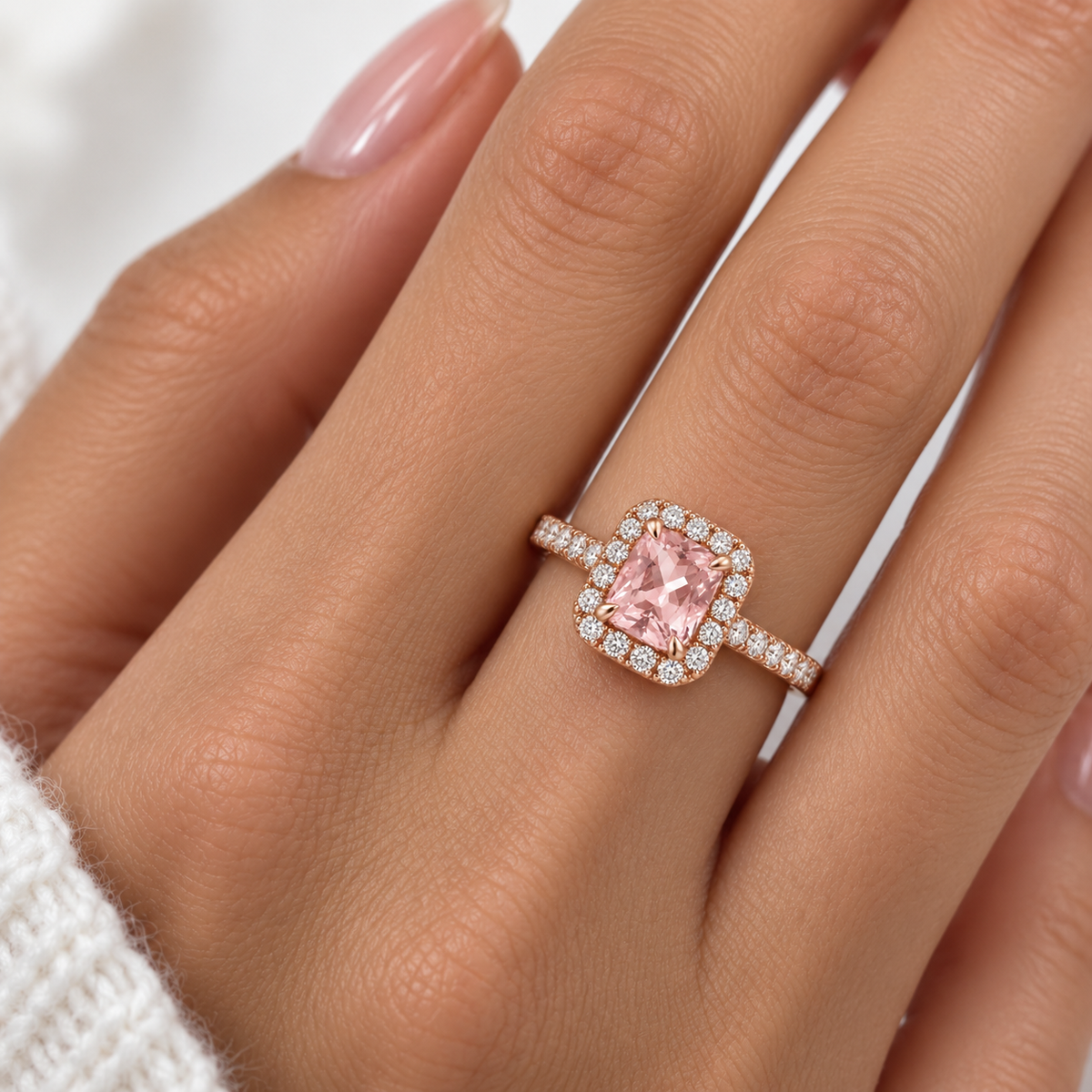 Cushion Morganite Diamond Halo Ring