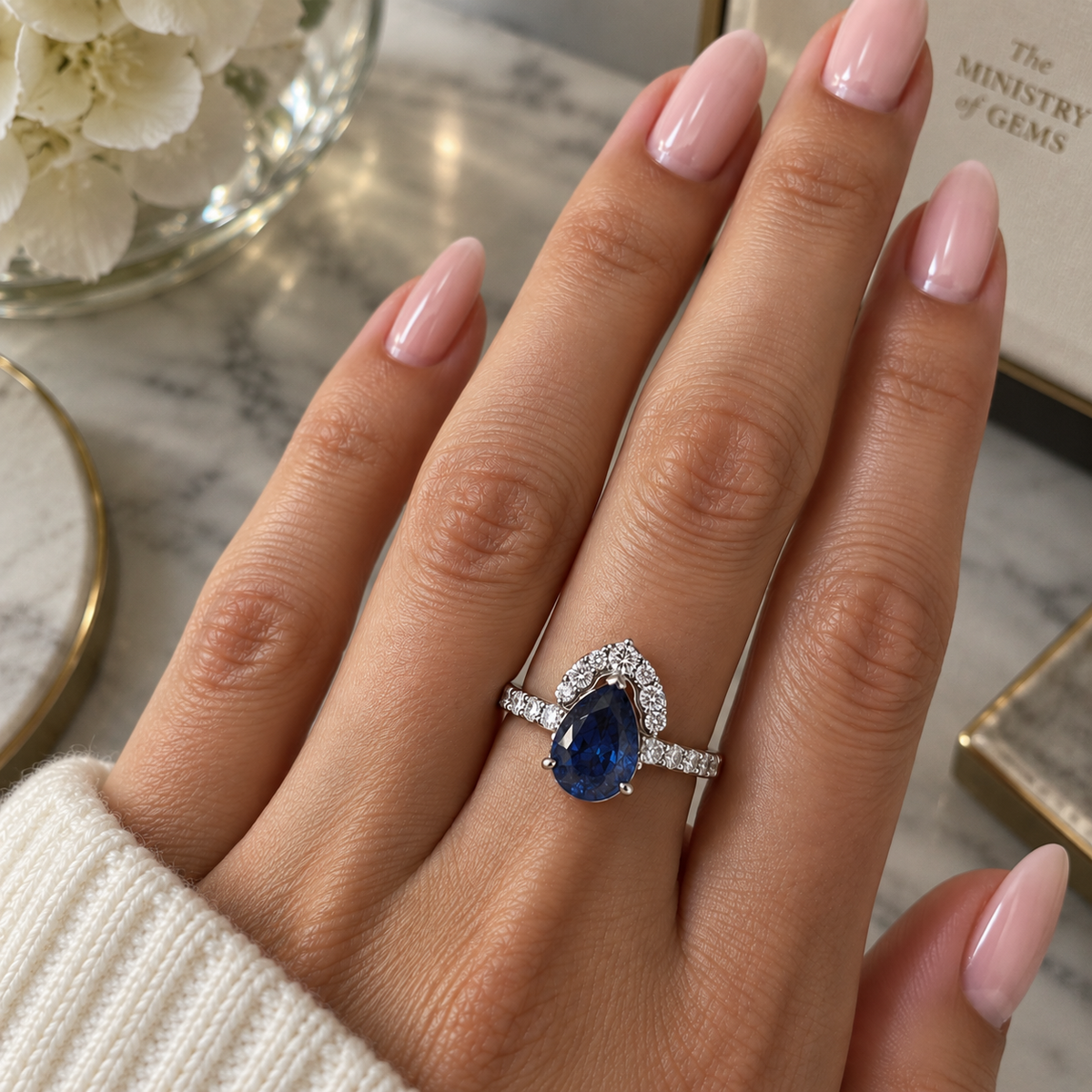 Pear Blue Sapphire Diamond Asymmetric Halo Ring