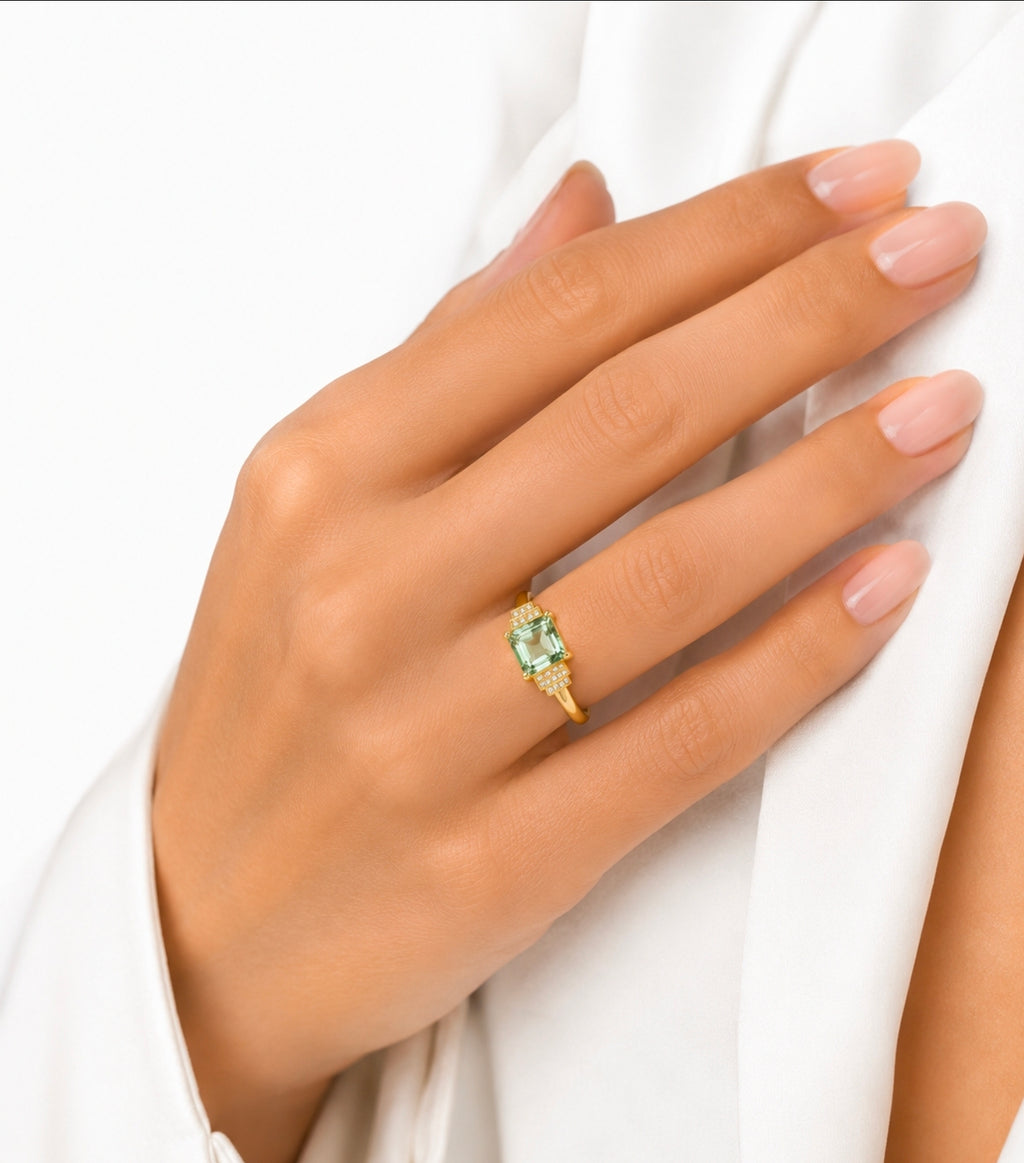 Princess Green Amethyst Deco Ring, Yellow Gold — Ministry of Gems