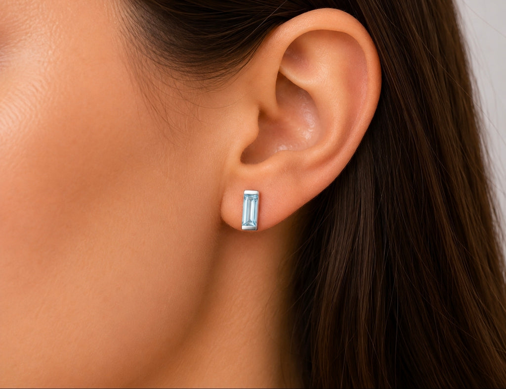 Aquamarine Baguette Bar Studs — Ministry of Gems