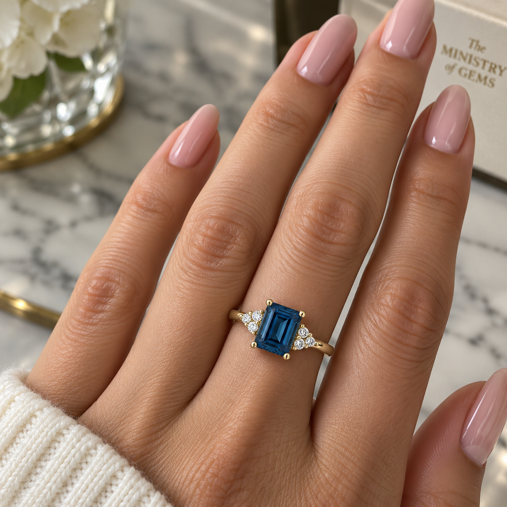 London Blue Topaz Emerald-Cut Trilogy Ring