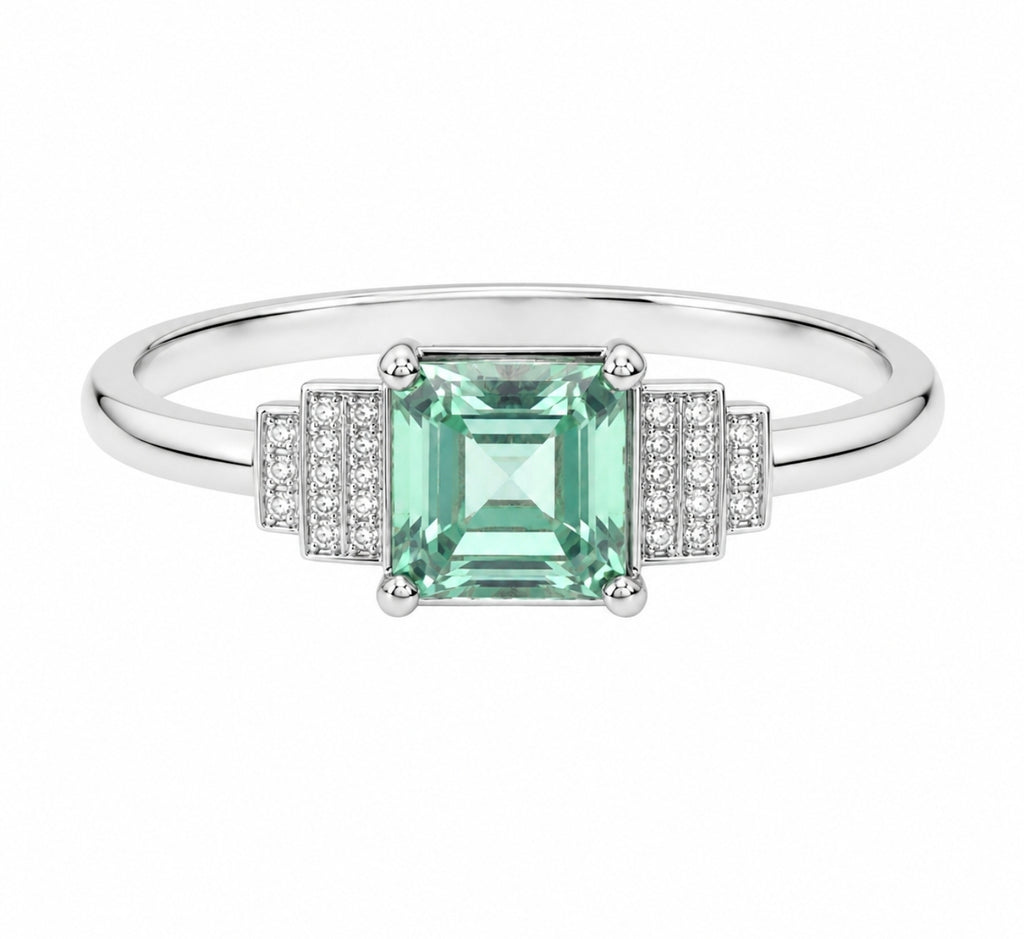 Princess Green Amethyst Deco Ring, White Gold — Ministry of Gems