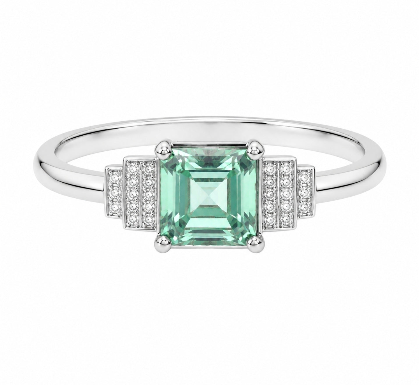 Princess Green Amethyst Deco Ring, White Gold — Ministry of Gems