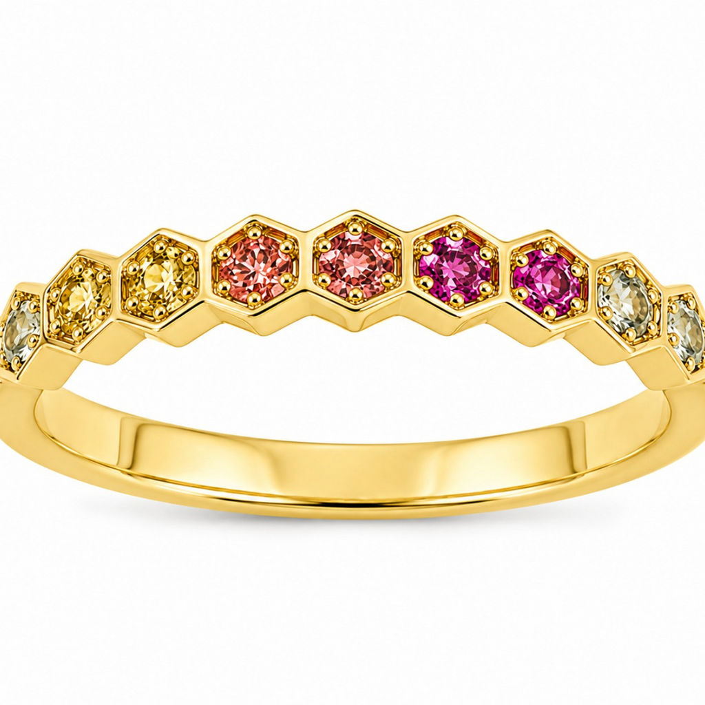 Multi-Colour Sapphire Honeycomb Yellow Gold Ring