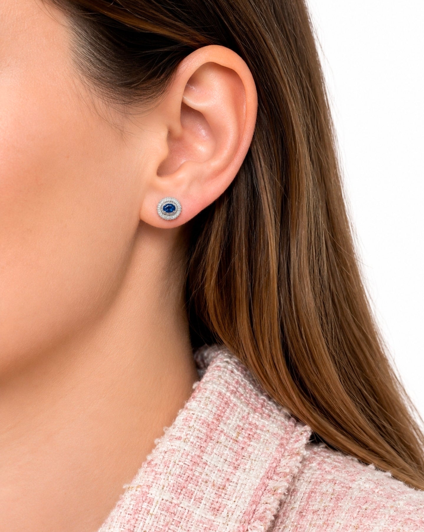 Oval Blue Sapphire Baguette-Halo Studs — Ministry of Gems