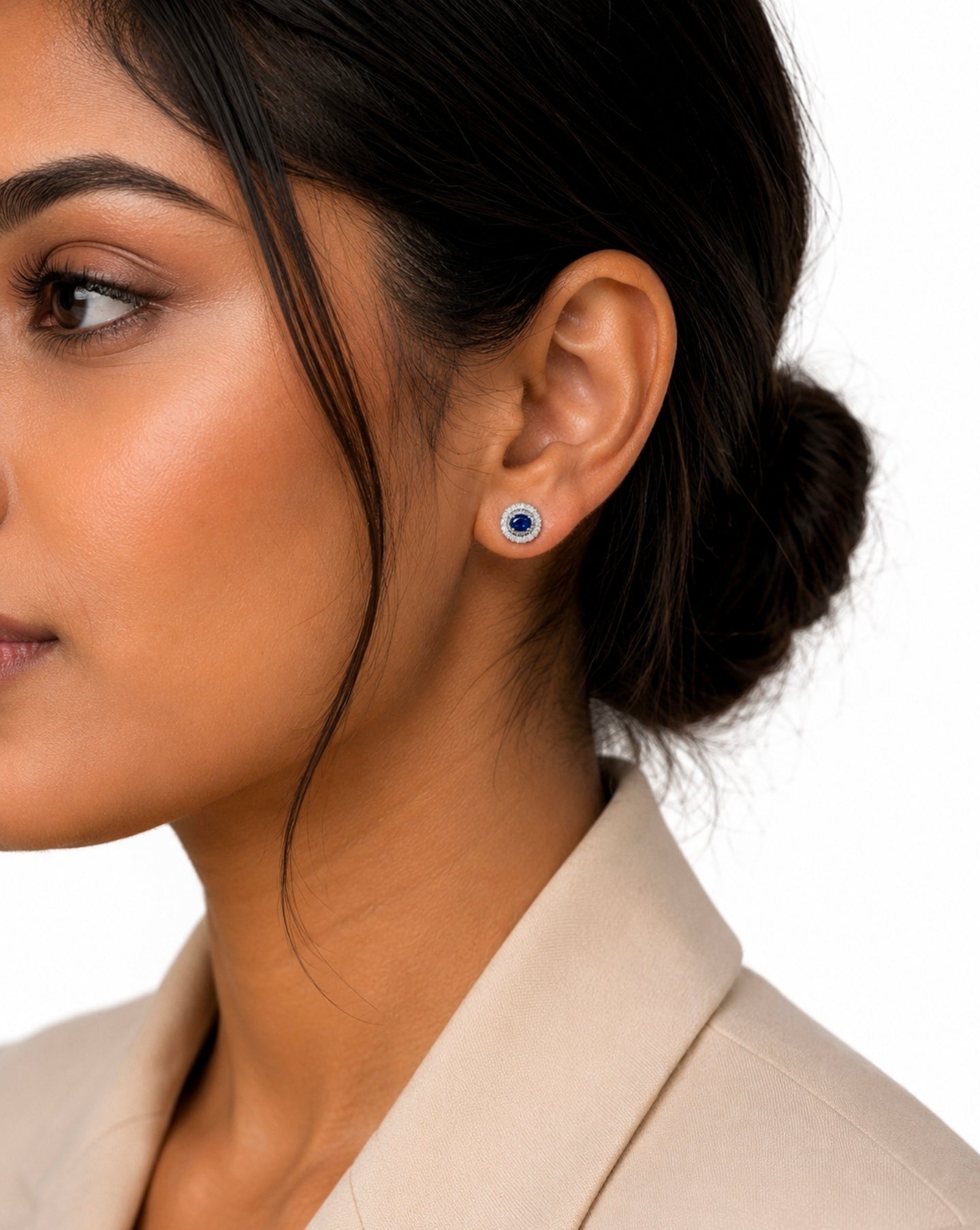 Oval Blue Sapphire Baguette-Halo Studs — Ministry of Gems