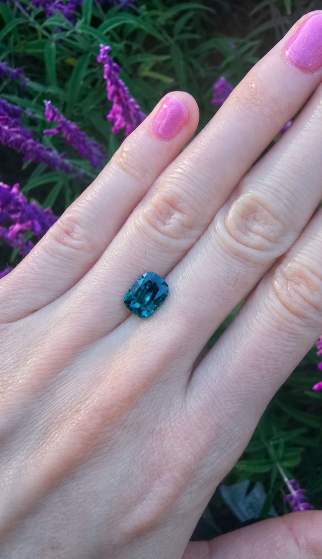 Identification photograph — Teal Australian Sapphire 2.19ct Cushion — Unheated, Stone ID 12331
