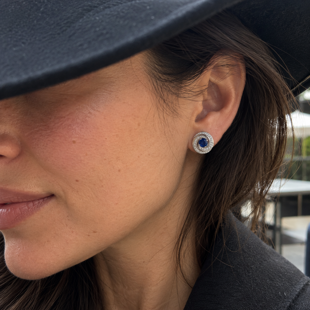 Round Blue Sapphire Diamond Swirl Studs