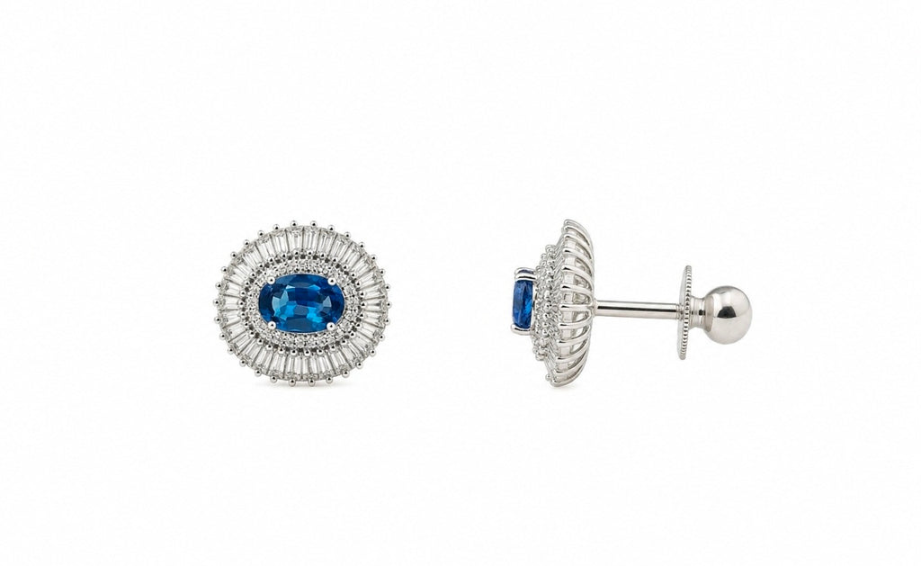 Oval Blue Sapphire Baguette-Halo Studs — Ministry of Gems