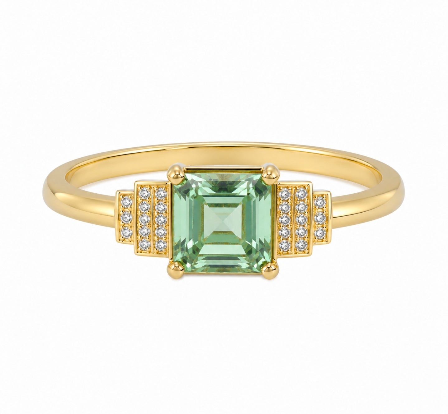 Princess Green Amethyst Deco Ring, Yellow Gold — Ministry of Gems